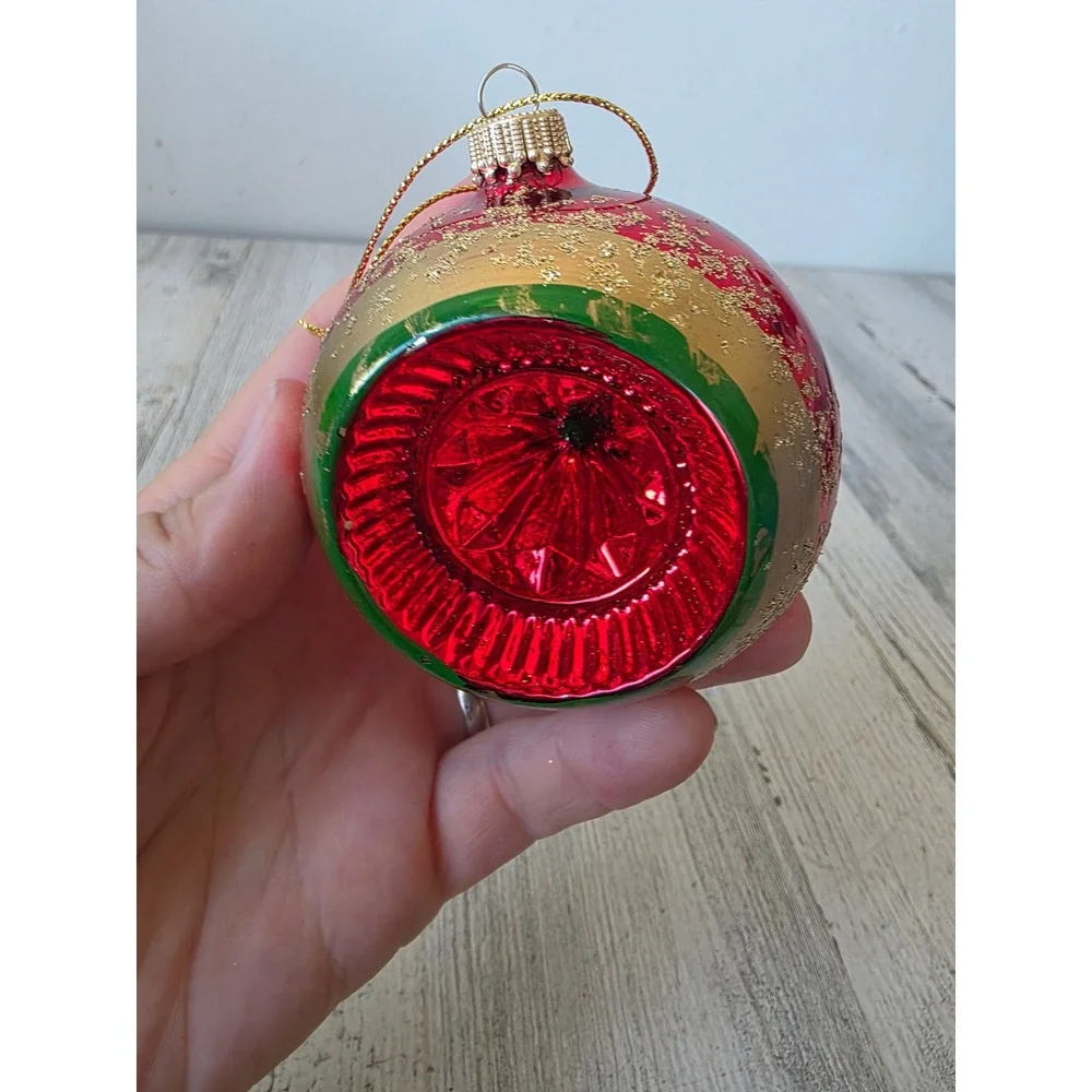 Vintage Kurt Adler red indent ball gold glitter ornament glass Xmas tree